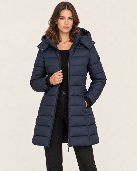 Women's Mid Length Puffer Jacket with Detachable Hood in Navy