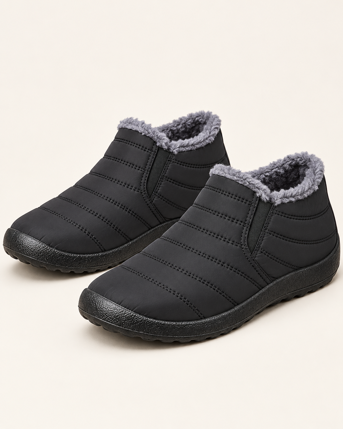Women's Fleece Lined Slip On Winter Ankle Boots in Black, three quarter view