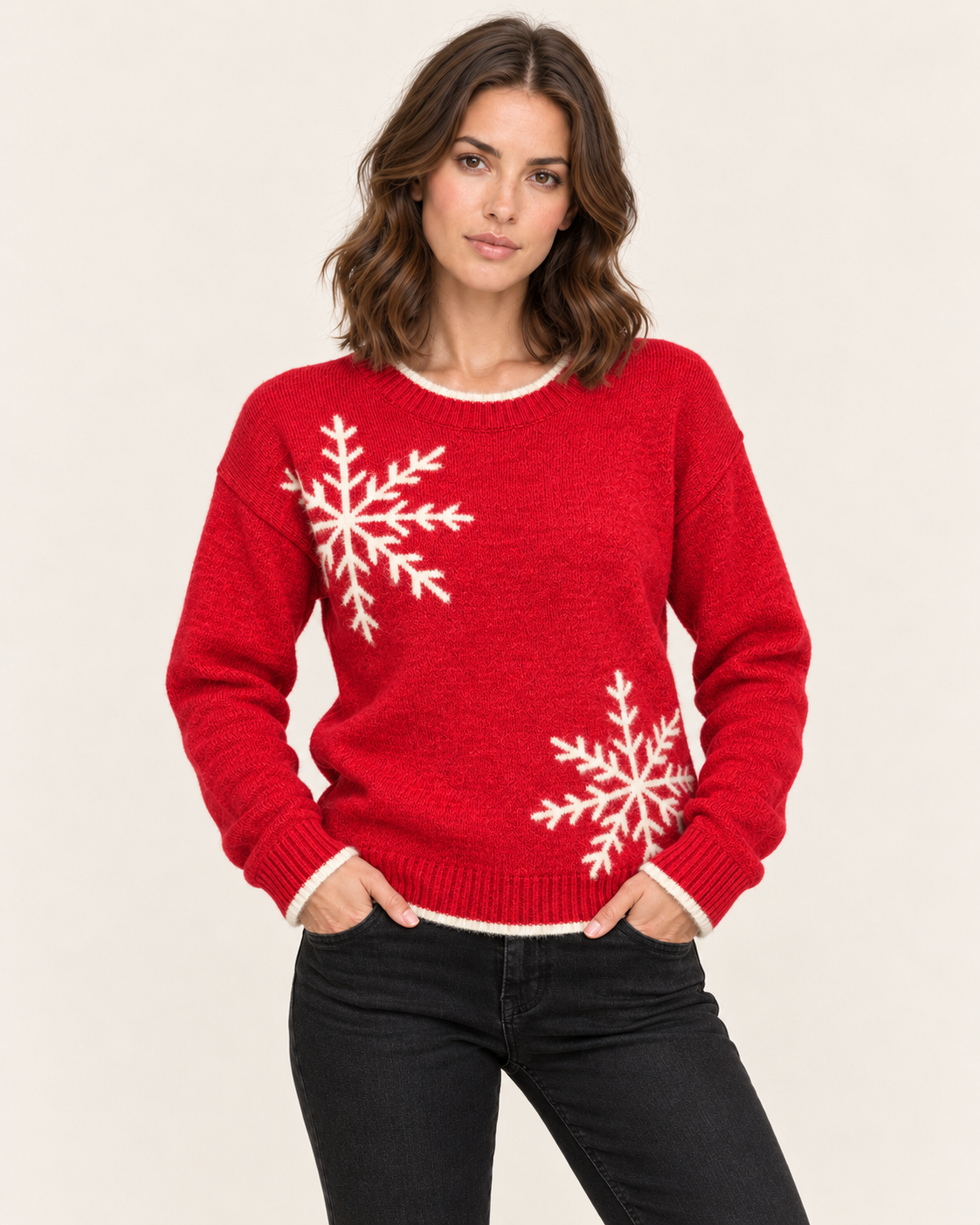 Women's Snowflake Jacquard Knit Jumper with Round Neck in Red