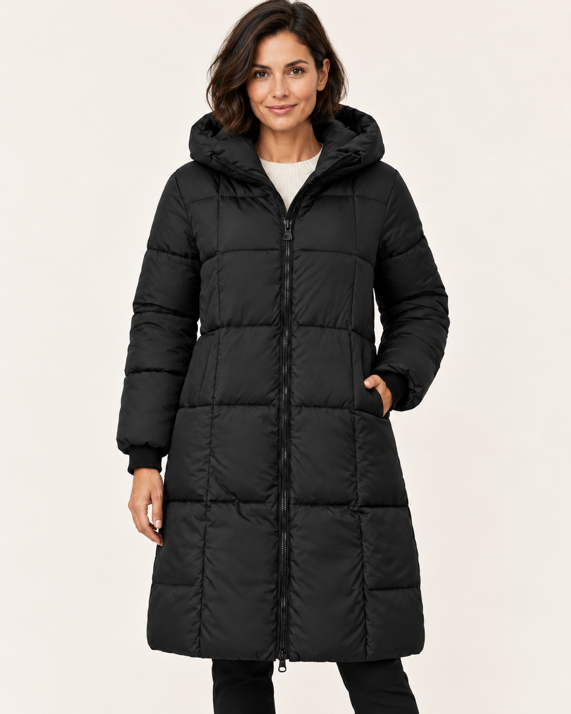 Women's Knee Length Hooded Puffer Coat in Black