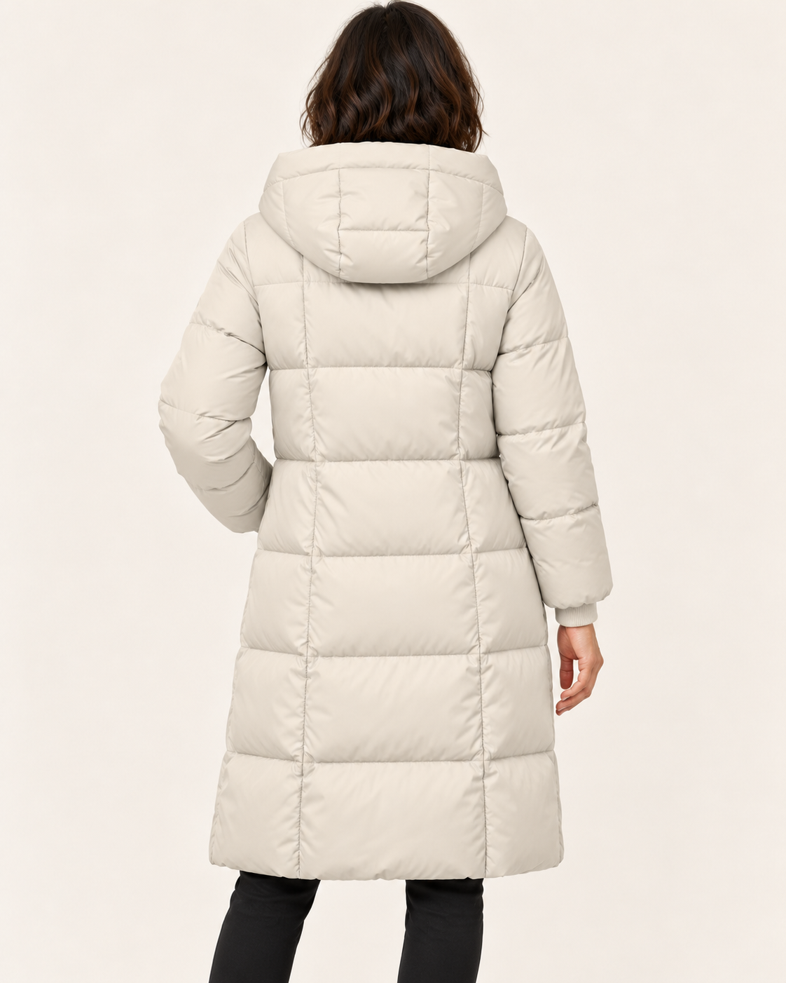 Women's Knee Length Hooded Puffer Coat in Cream, view 4