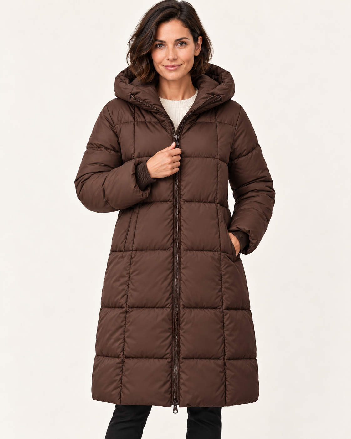 Women's Knee Length Hooded Puffer Coat in Dark Brown