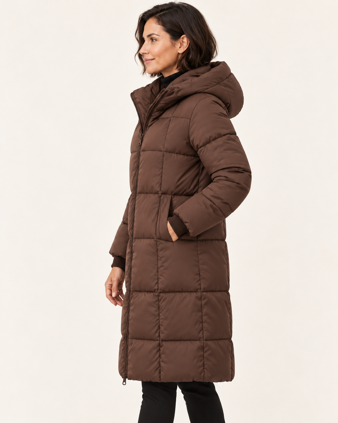Women's Knee Length Hooded Puffer Coat in Dark Brown, view 4
