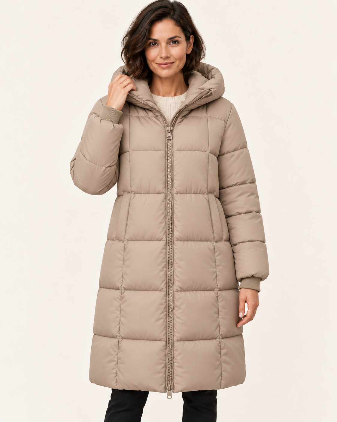 Women's Knee Length Hooded Puffer Coat in Taupe