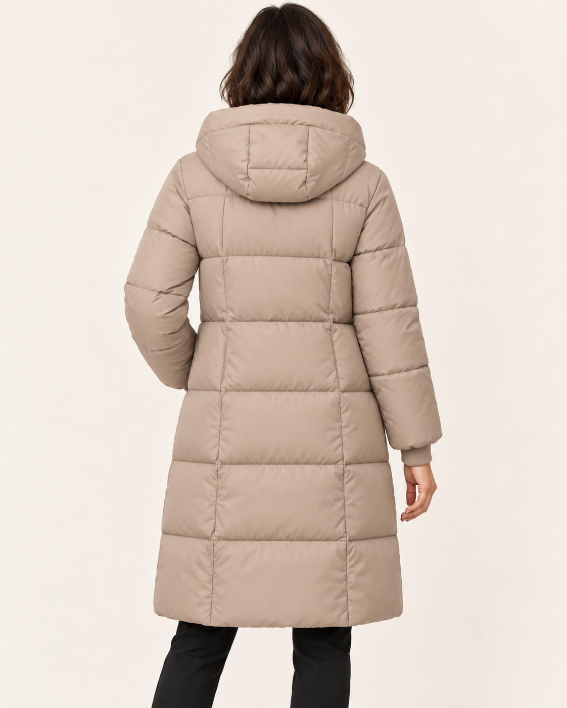 Women's Knee Length Hooded Puffer Coat in Taupe, view 5