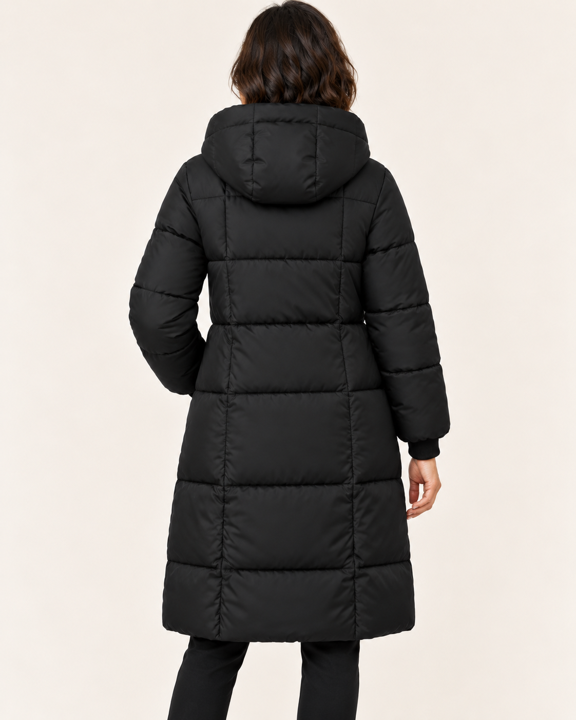 Women's Knee Length Hooded Puffer Coat in Black, view 5