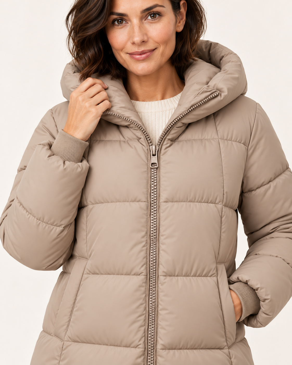 Women's Knee Length Hooded Puffer Coat in Taupe, view 2