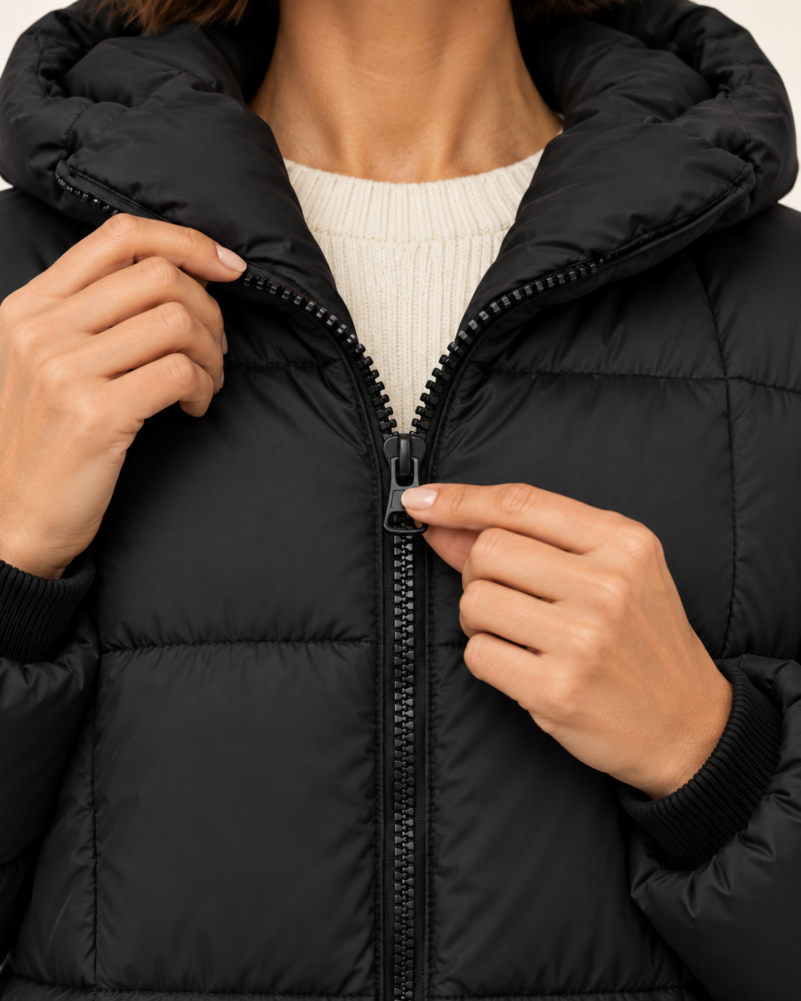Women's Knee Length Hooded Puffer Coat in Black, view 4