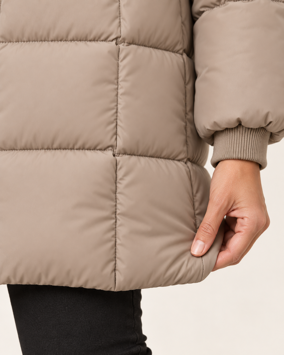Women's Knee Length Hooded Puffer Coat in Taupe, view 4