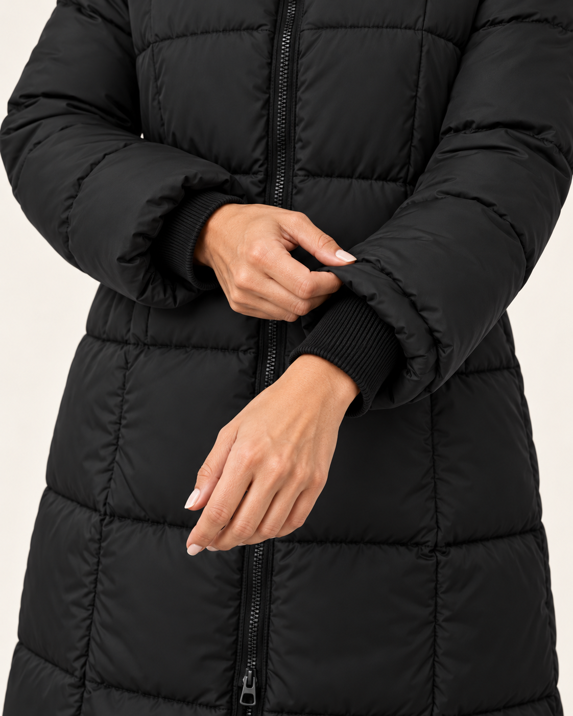 Women's Knee Length Hooded Puffer Coat in Black, view 3