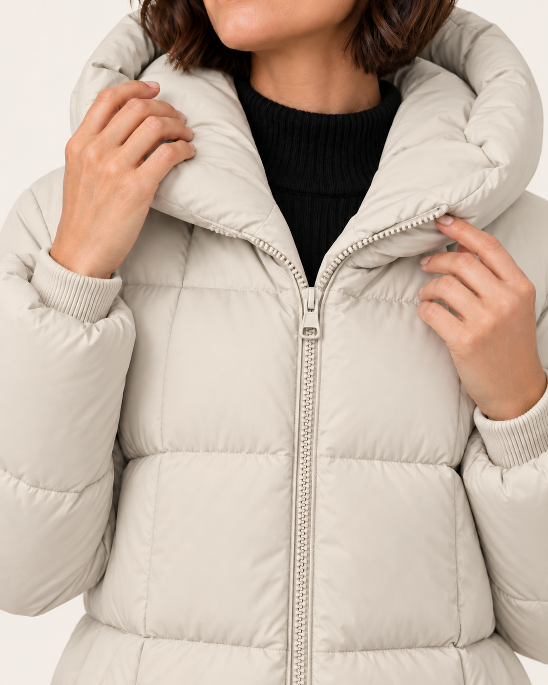 Women's Knee Length Hooded Puffer Coat in Cream, view 2