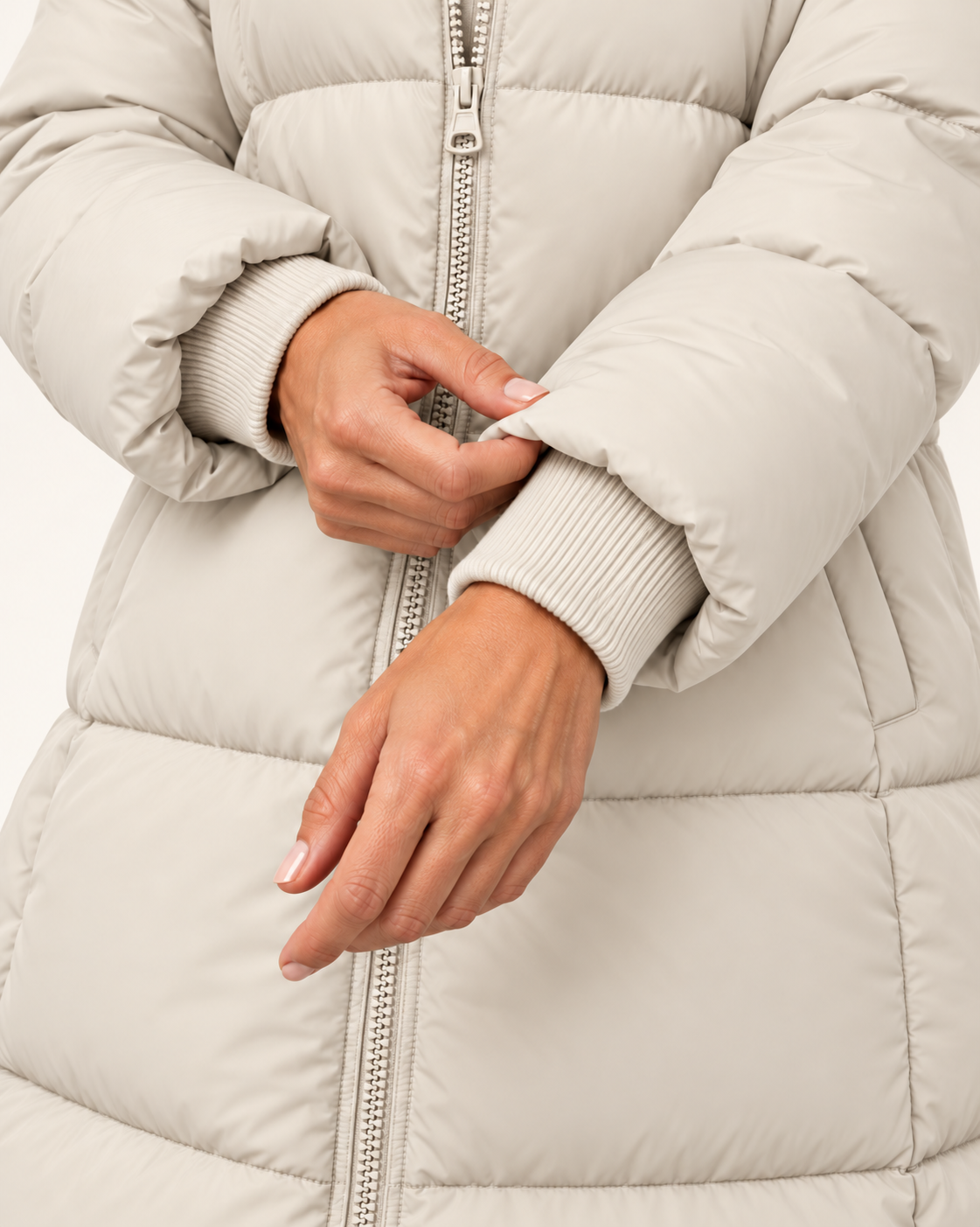 Women's Knee Length Hooded Puffer Coat in Cream, view 3