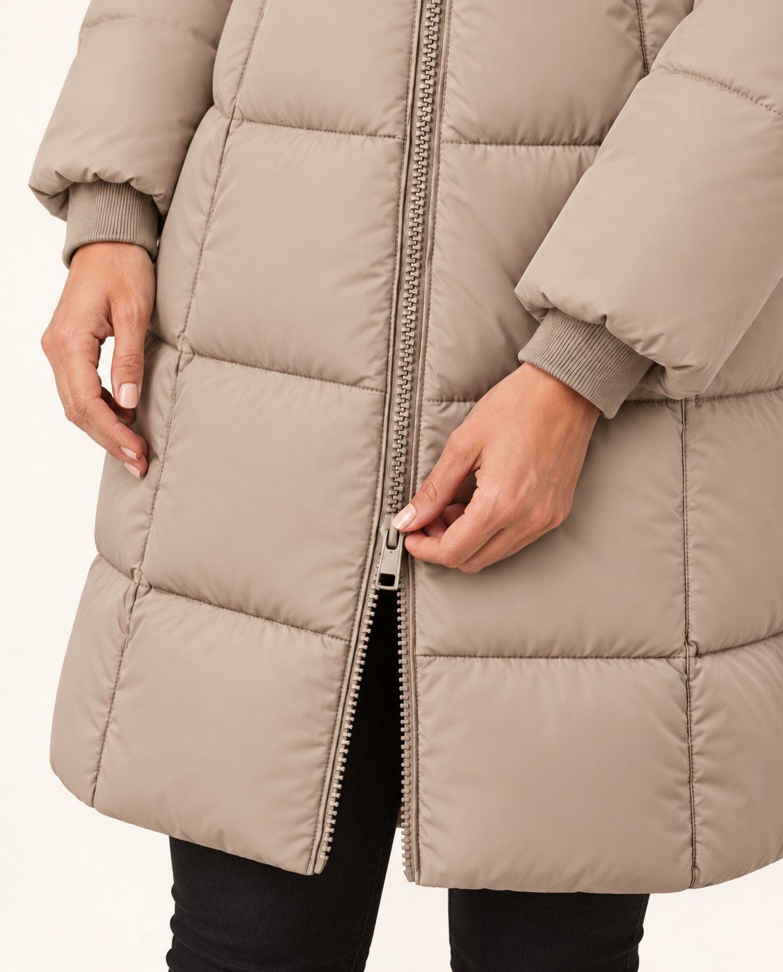 Women's Knee Length Hooded Puffer Coat in Taupe, view 3