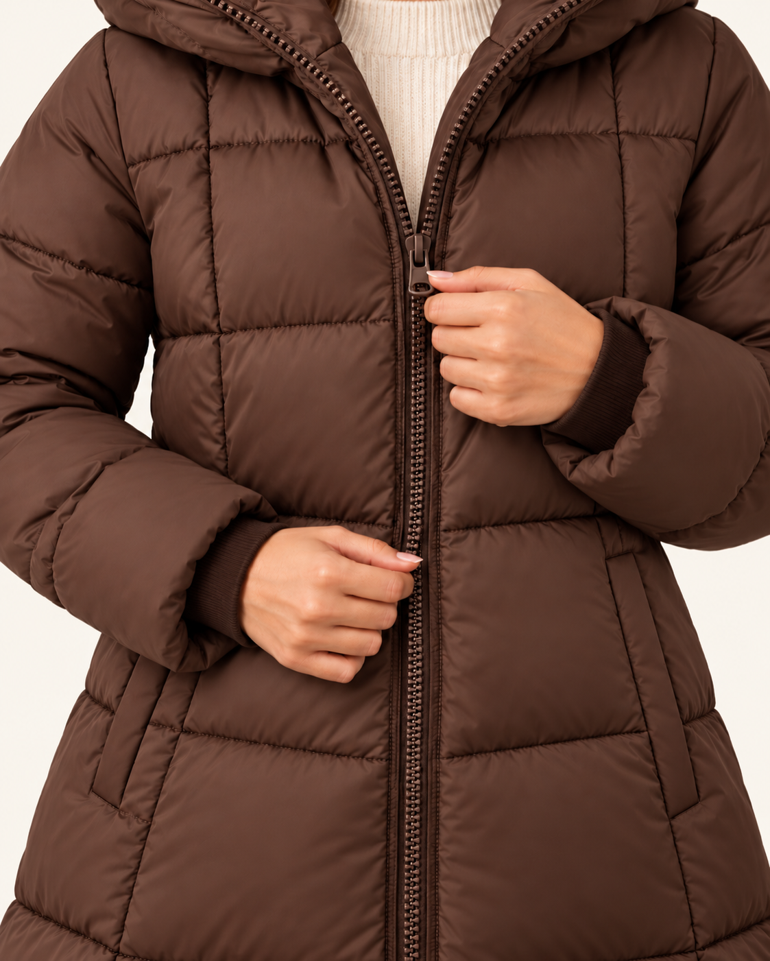 Women's Knee Length Hooded Puffer Coat in Dark Brown, view 2