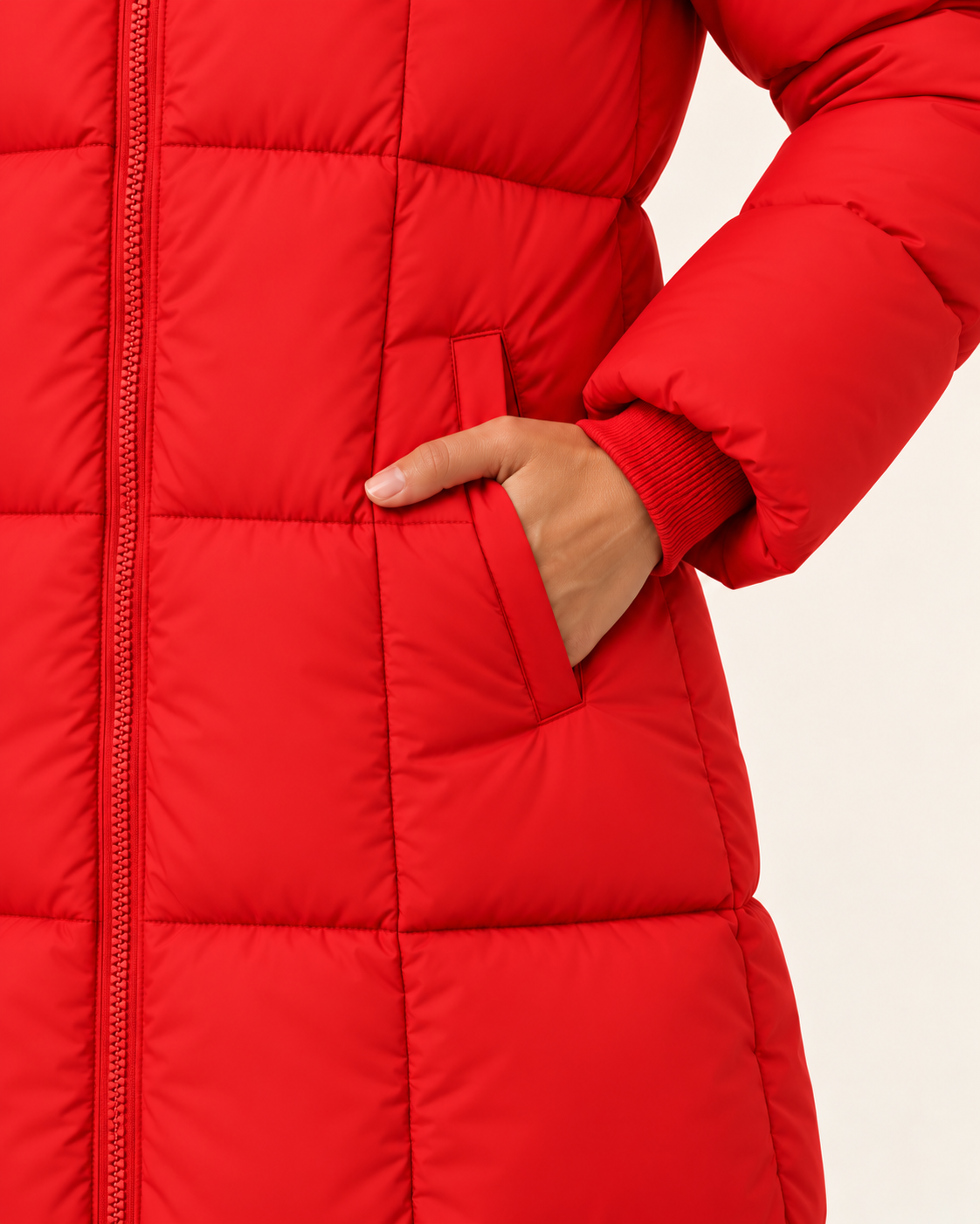 Women's Knee Length Hooded Puffer Coat in Red, view 3