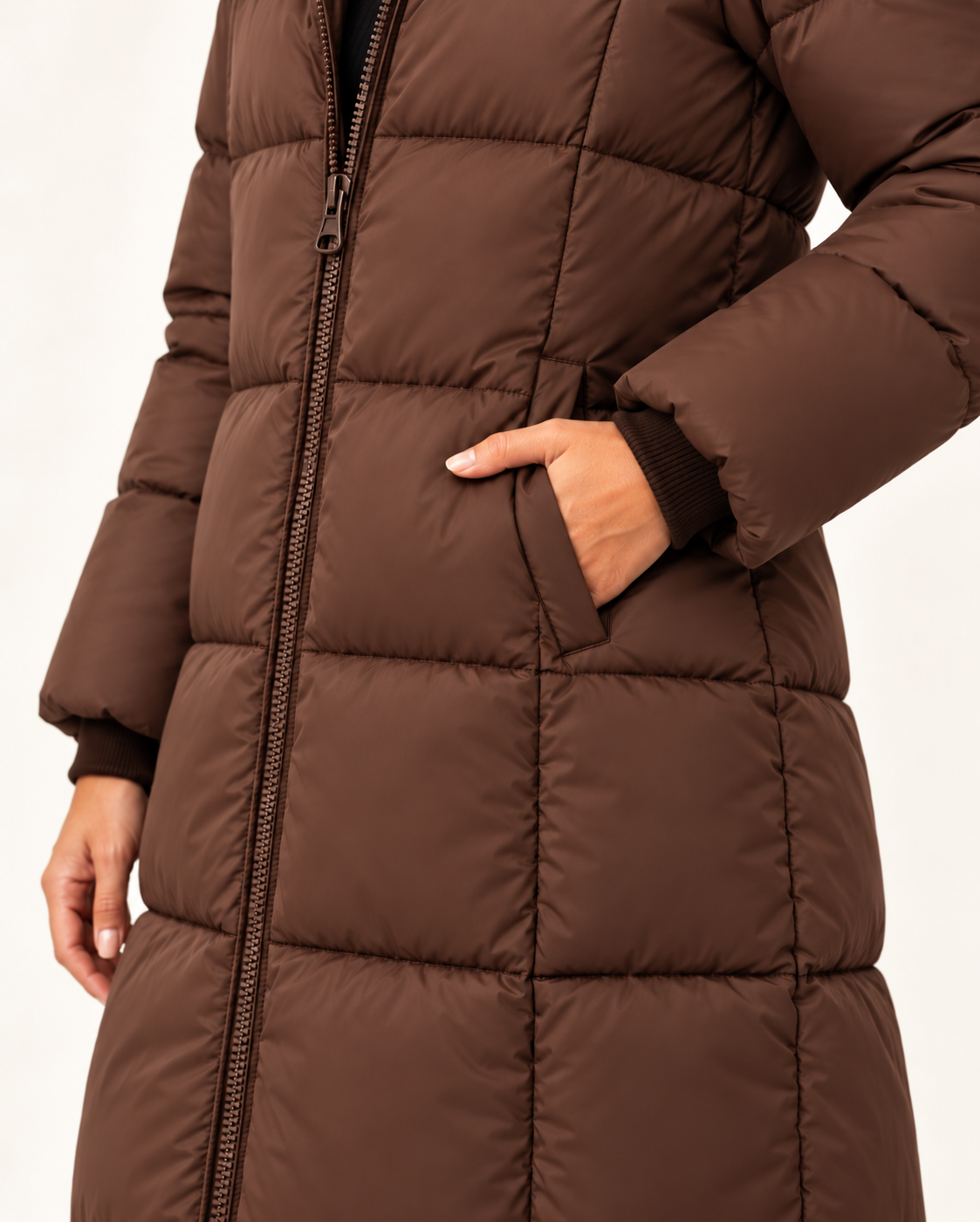 Women's Knee Length Hooded Puffer Coat in Dark Brown, view 3