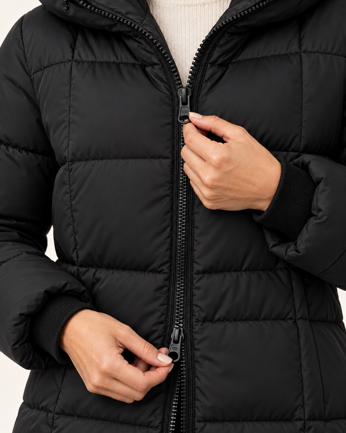 Women's Knee Length Hooded Puffer Coat in Black, view 2
