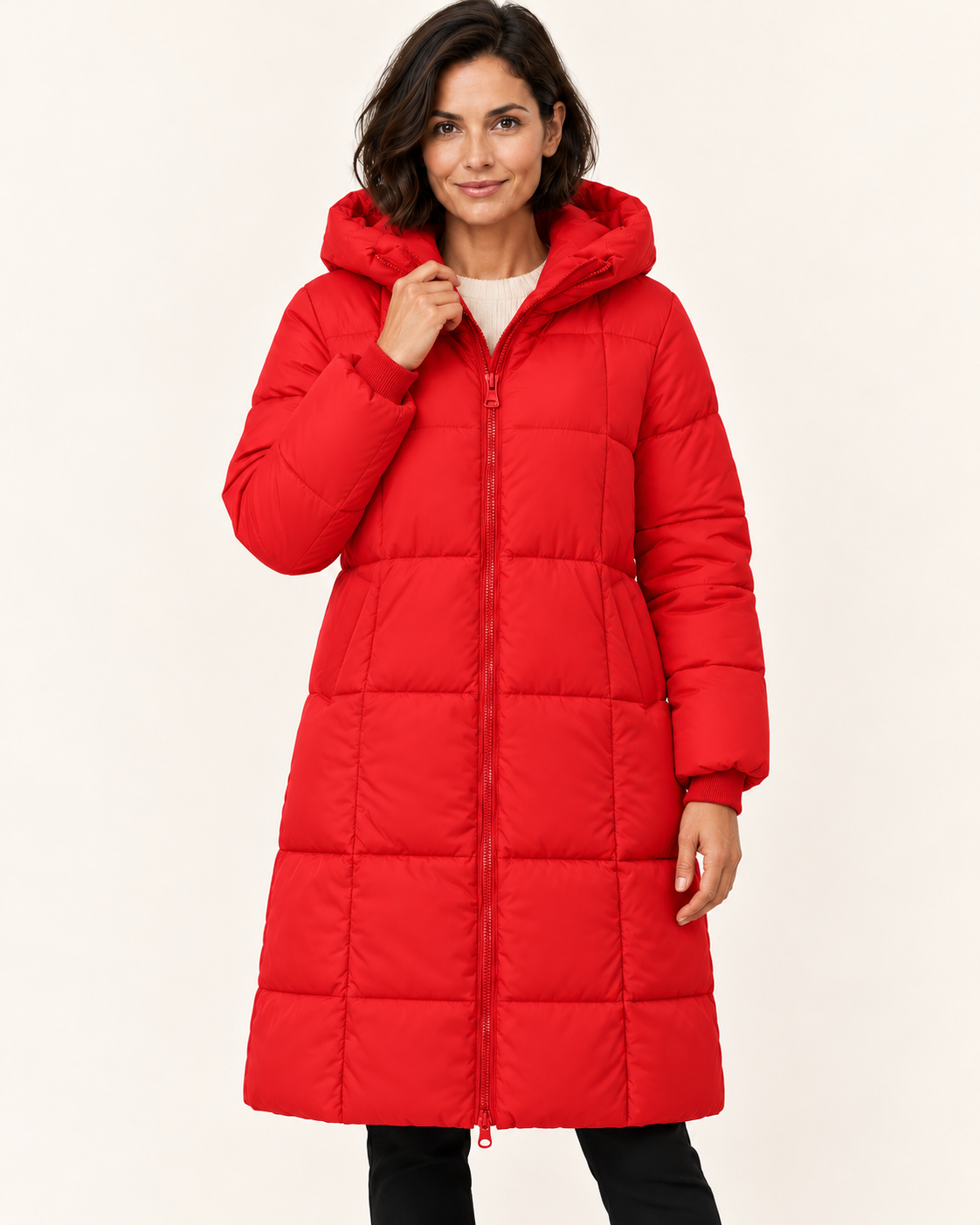Women's Knee Length Hooded Puffer Coat in Red