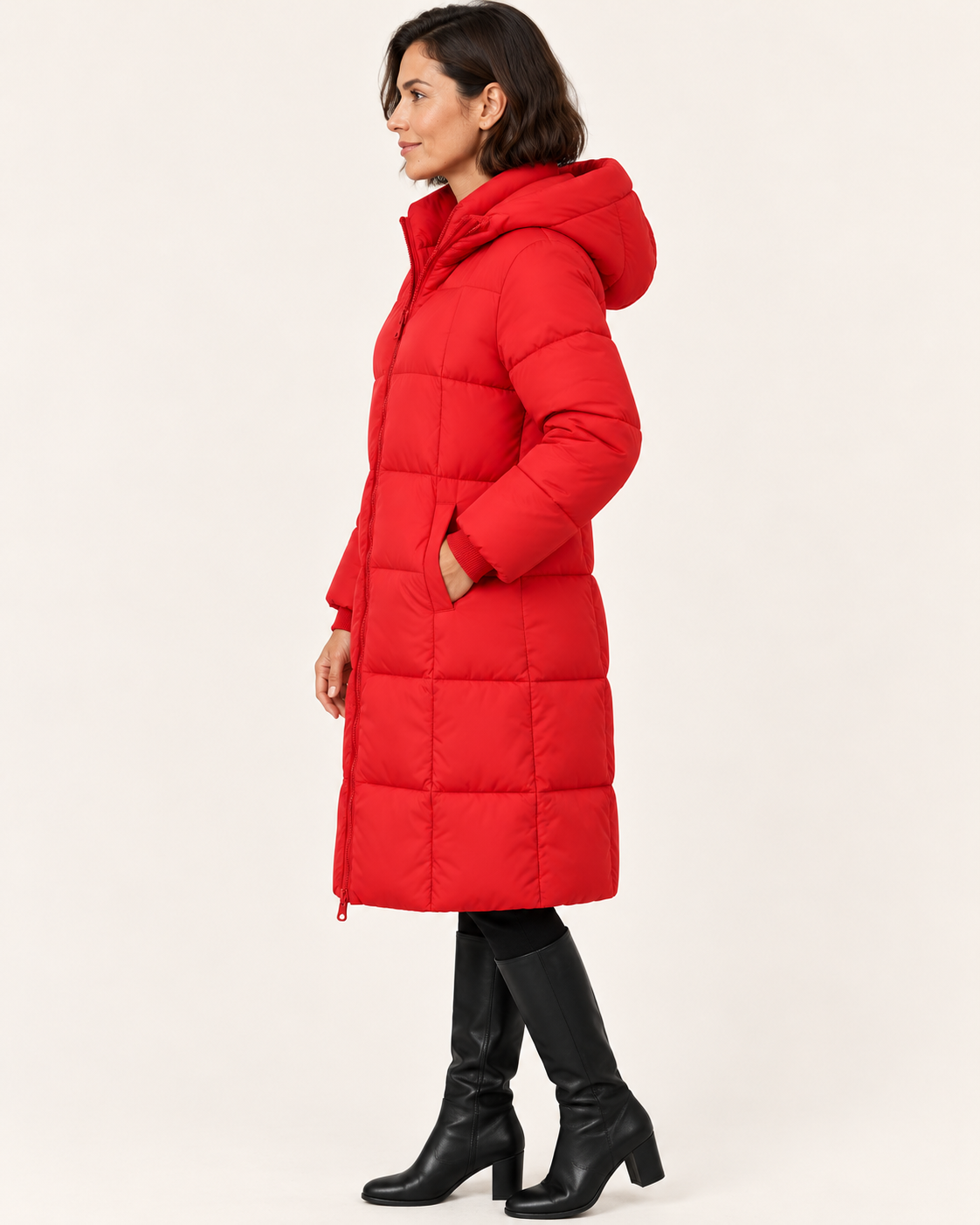 Women's Knee Length Hooded Puffer Coat in Red, view 4