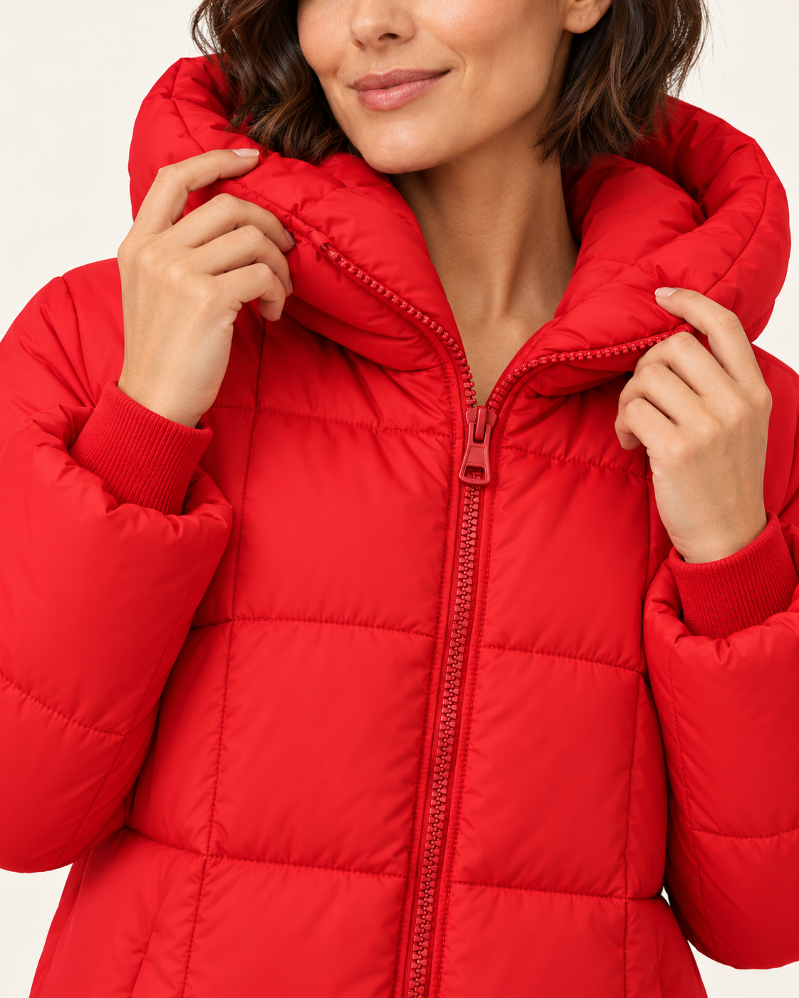 Women's Knee Length Hooded Puffer Coat in Red, view 2
