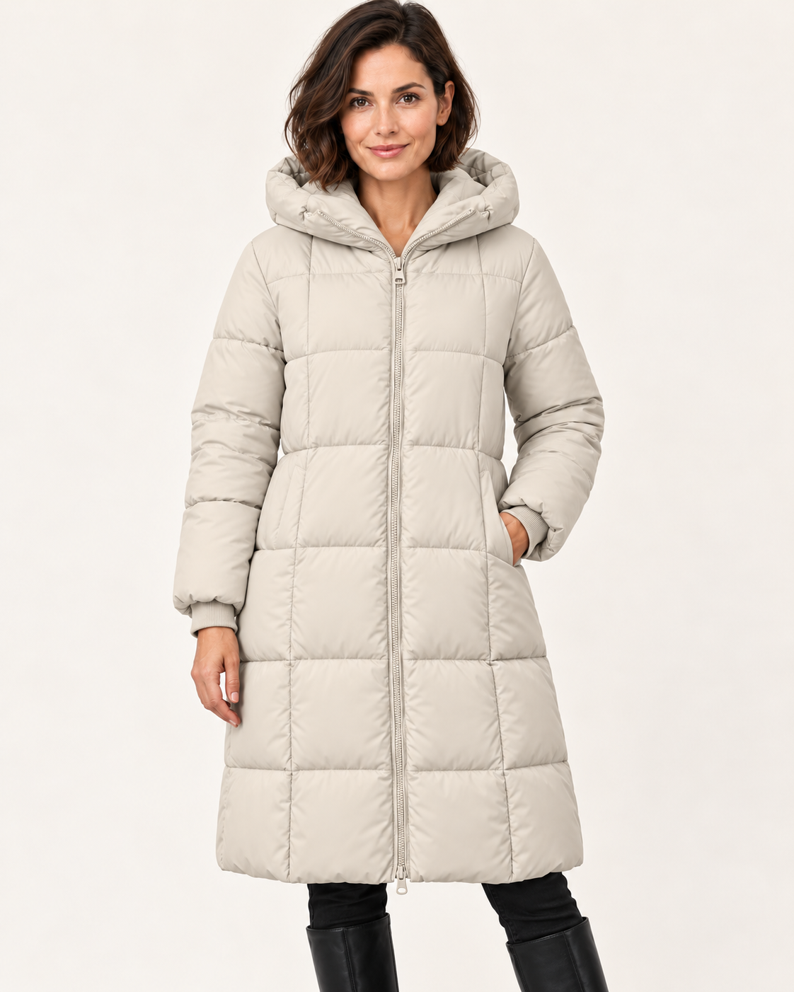 Women's Knee Length Hooded Puffer Coat in Cream
