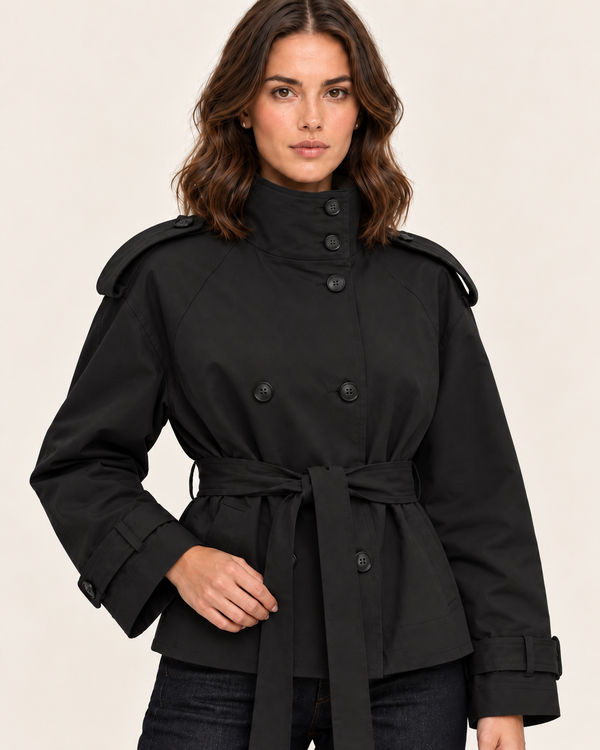 Women's Cropped Double Breasted Trench Jacket with Belt in Black