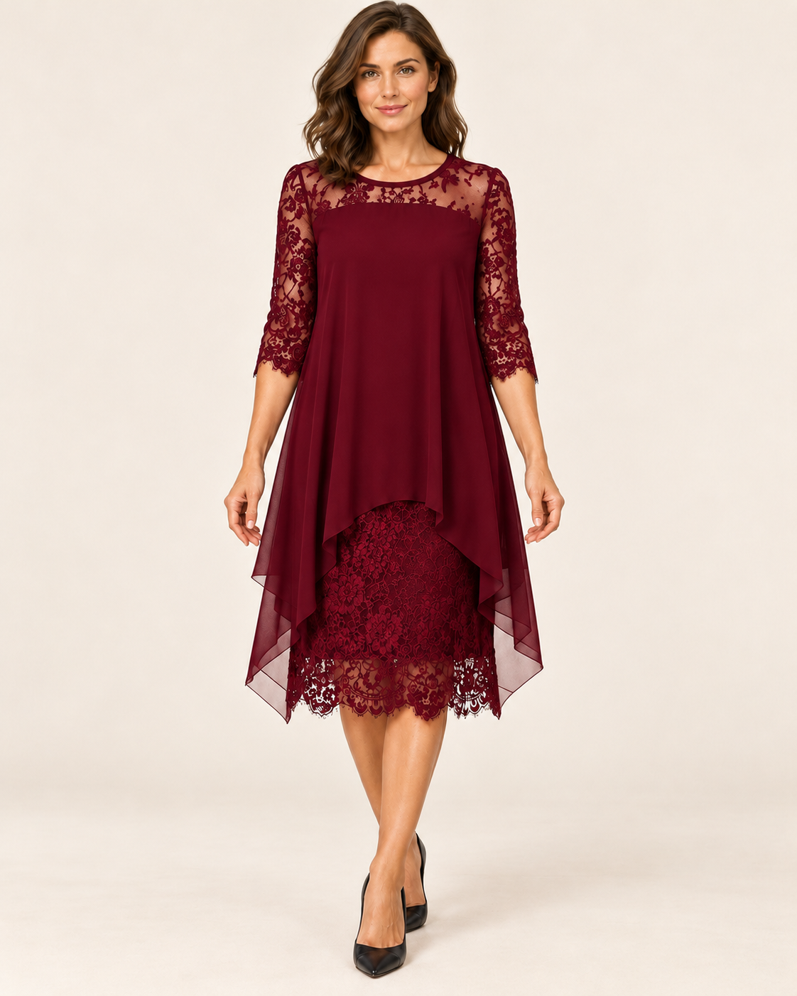 Women's Layered Chiffon Lace Midi Dress