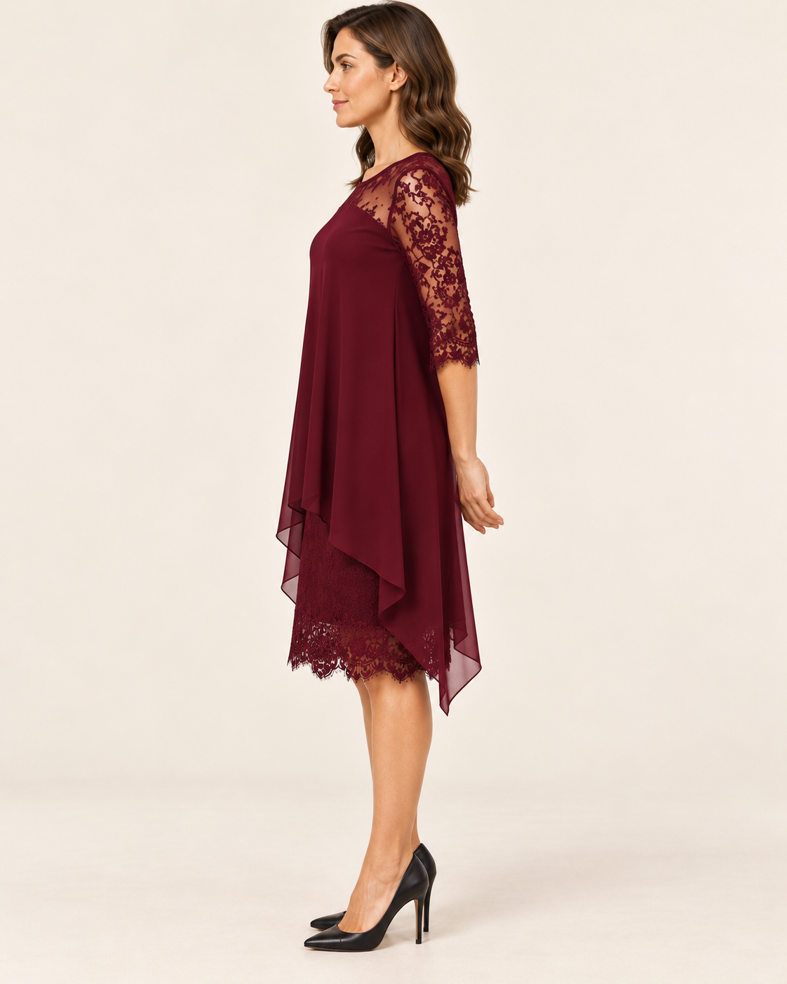 Women's Layered Chiffon Lace Midi Dress