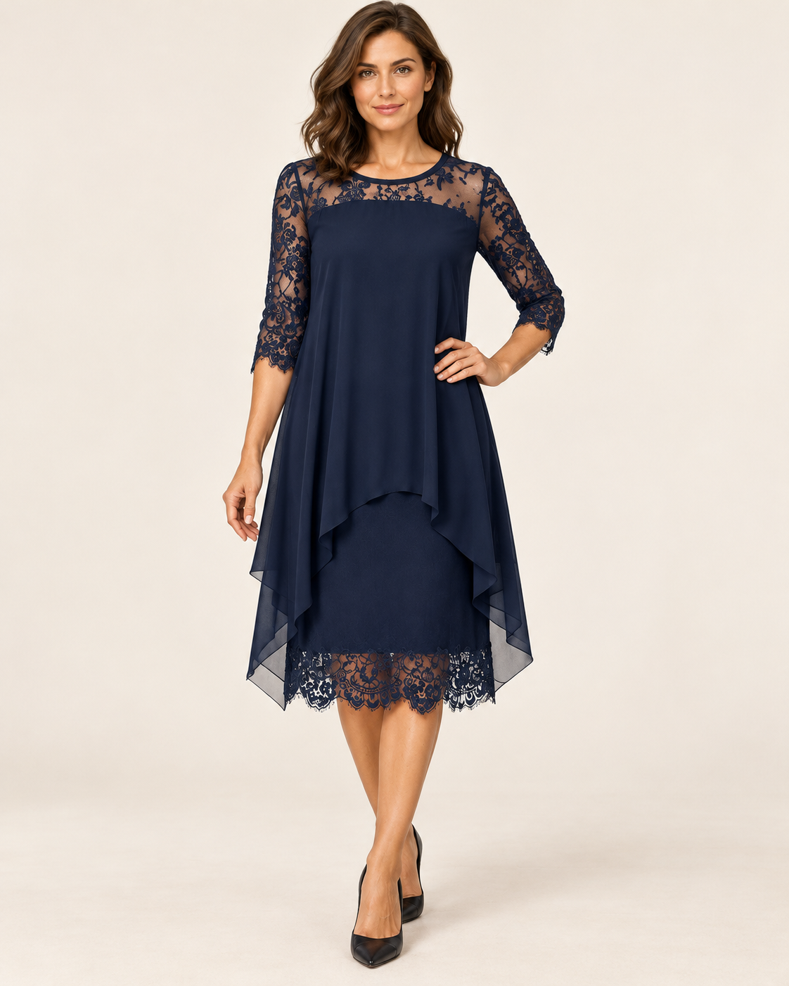 Women's Layered Chiffon Lace Midi Dress