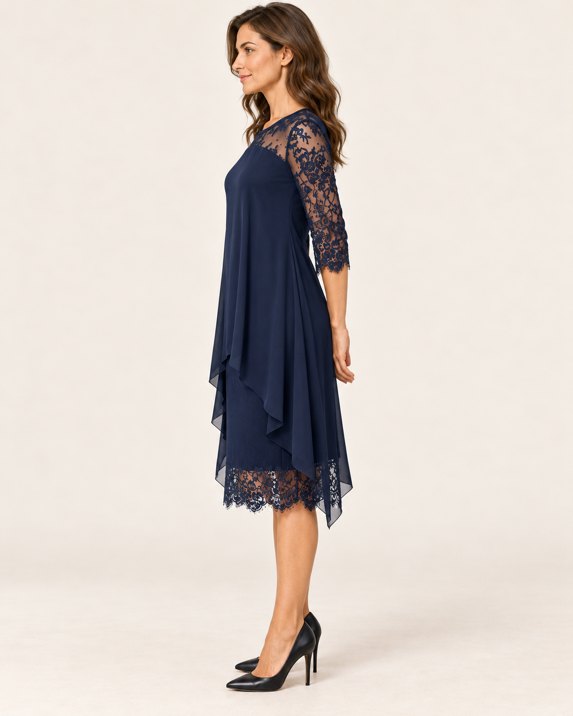 Women's Layered Chiffon Lace Midi Dress