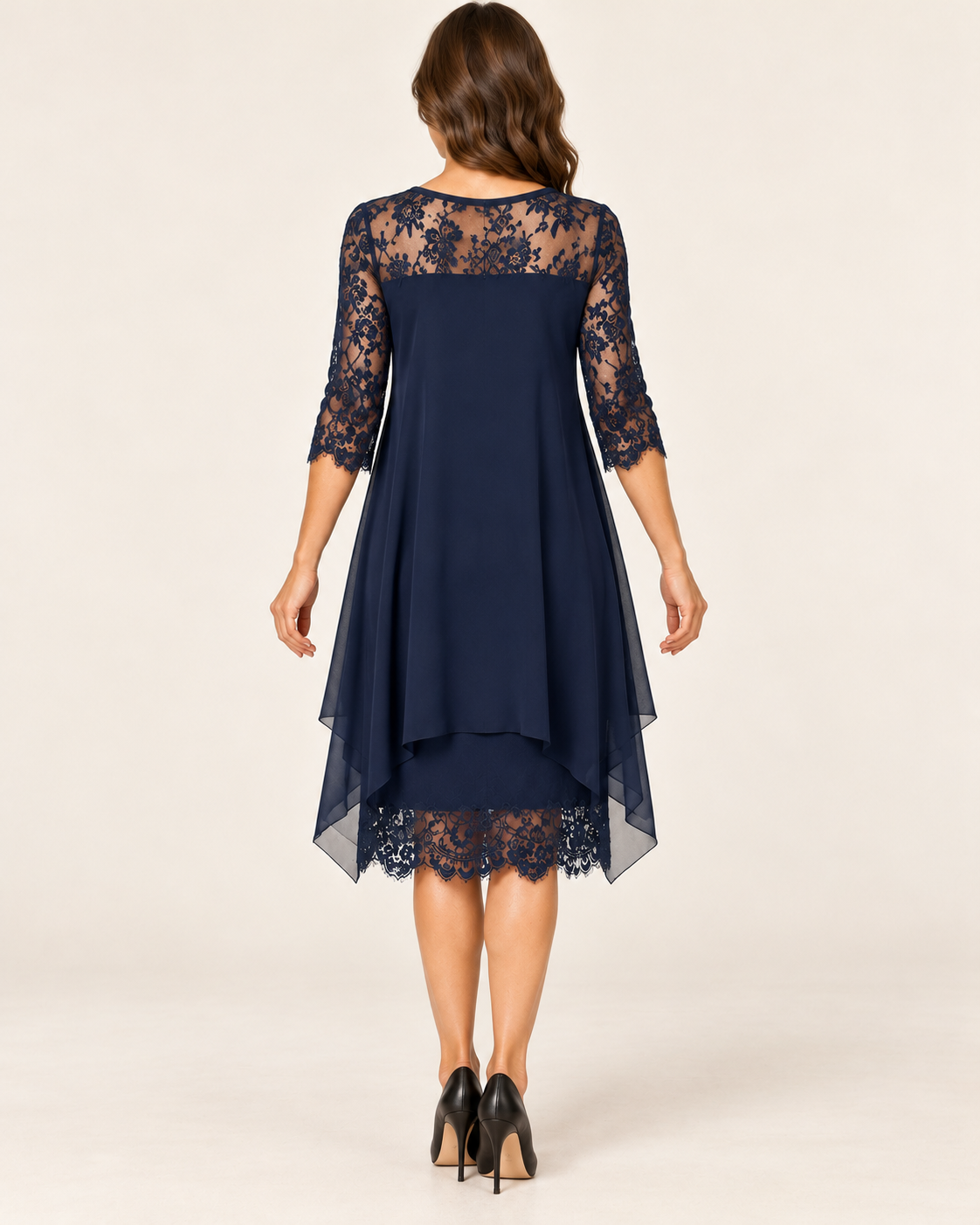 Women's Layered Chiffon Lace Midi Dress