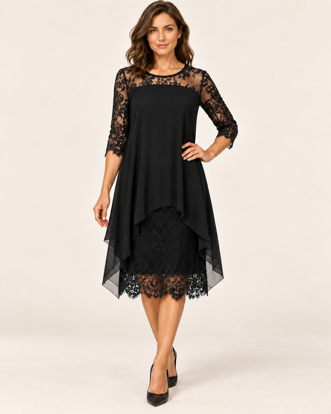 Women's Layered Chiffon Lace Midi Dress