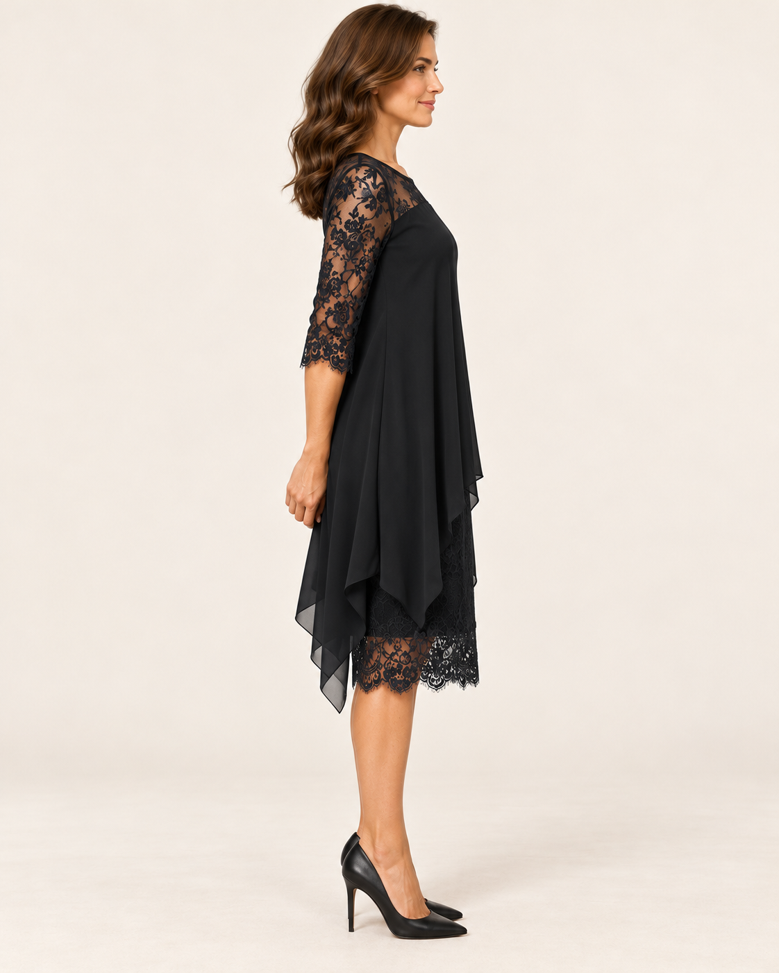 Women's Layered Chiffon Lace Midi Dress