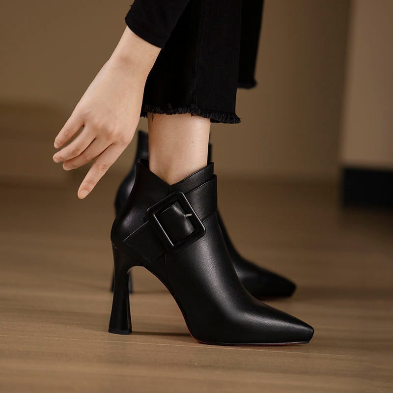 Women's Pointed Toe Leather Ankle Boots with Buckle and Flared Heel in Black, side view
