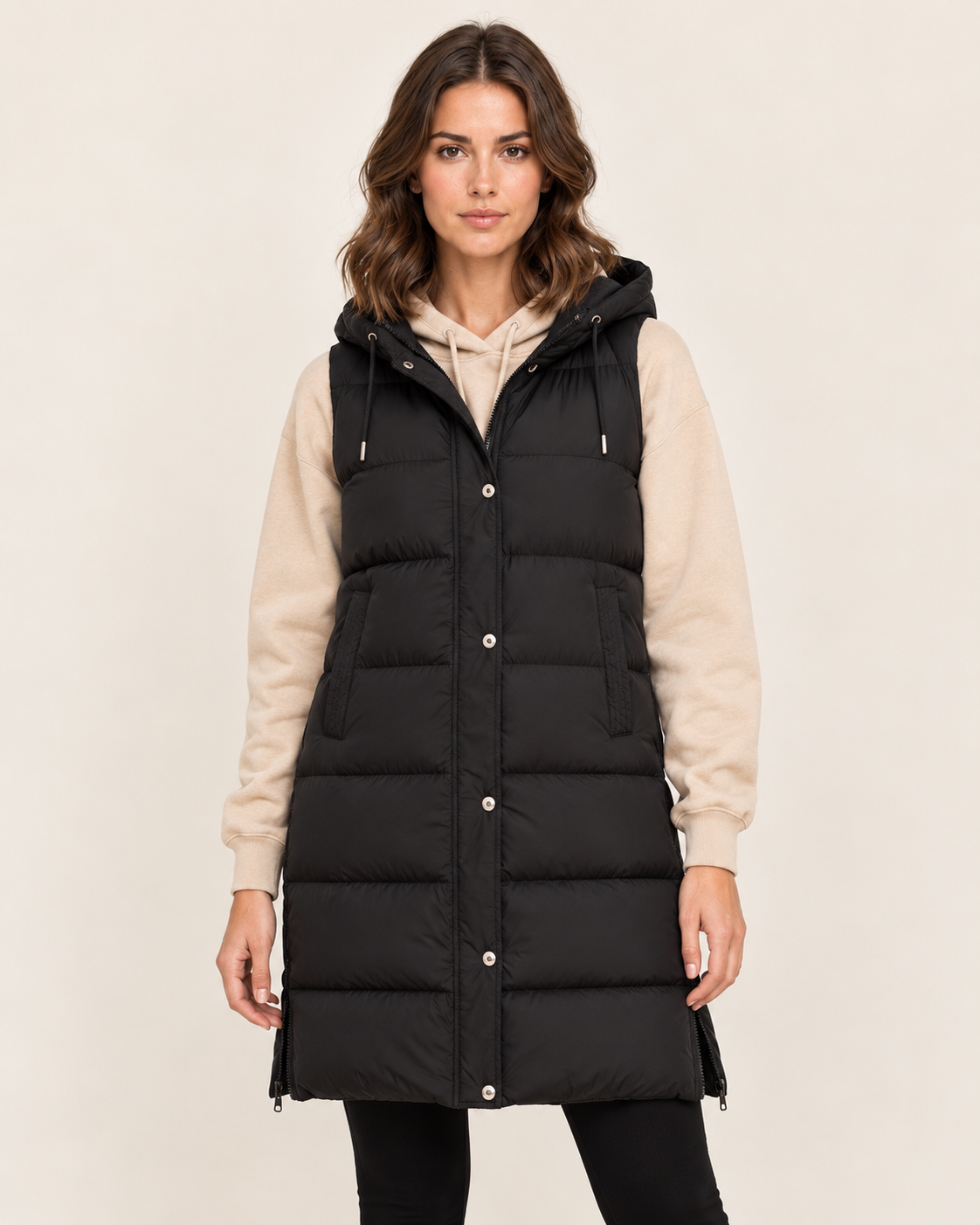 Women's Long Black Gilet with Hood and Side Zip Vents in Black, view 2