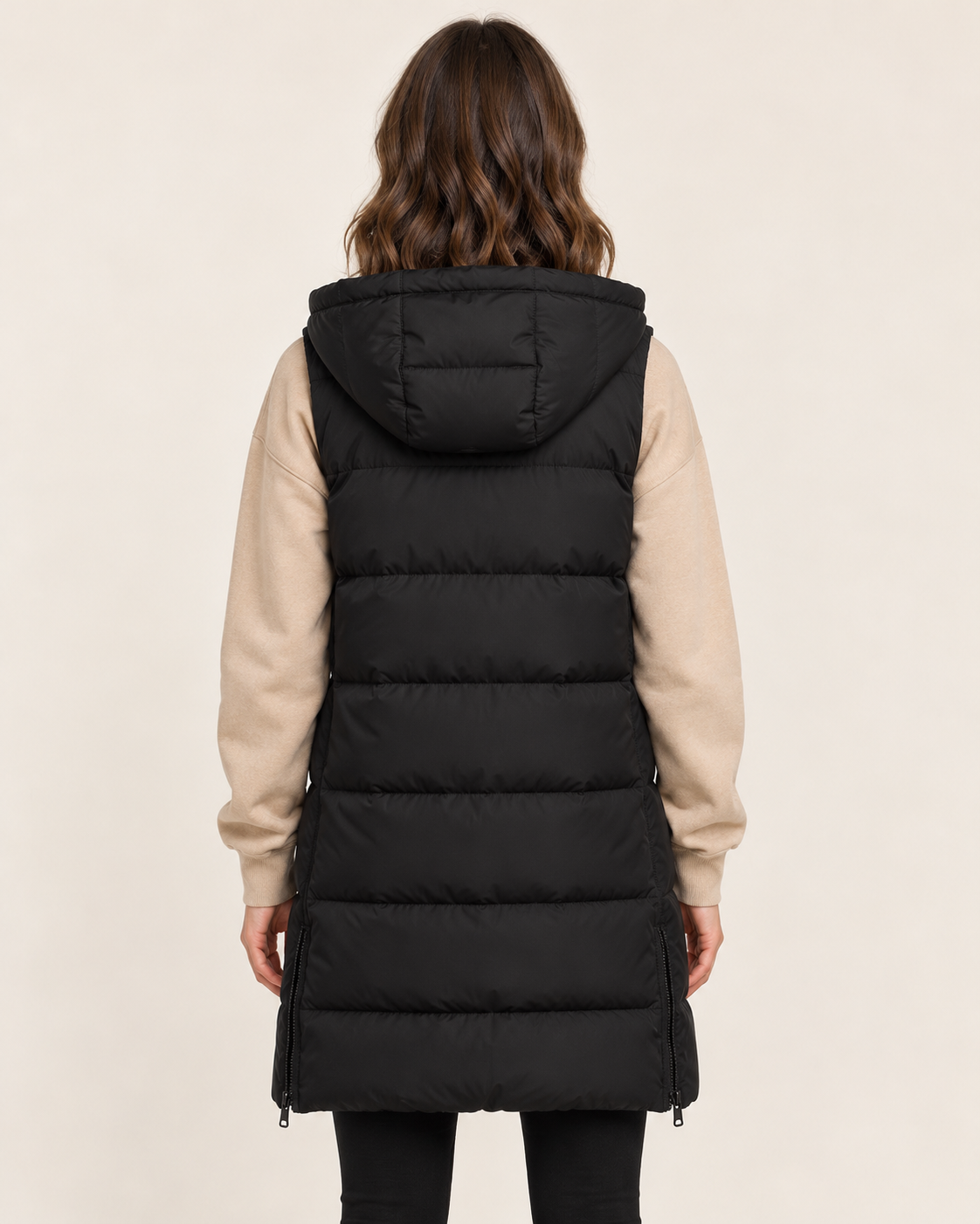 Women's Long Black Gilet with Hood and Side Zip Vents in Black, view 3
