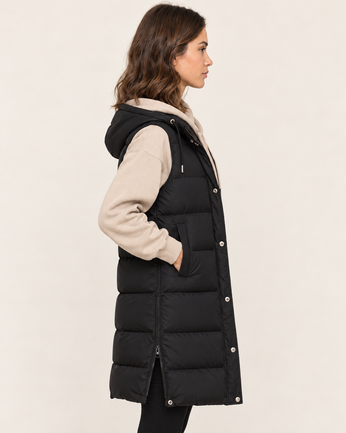 Women's Long Black Gilet with Hood and Side Zip Vents in Black, view 4