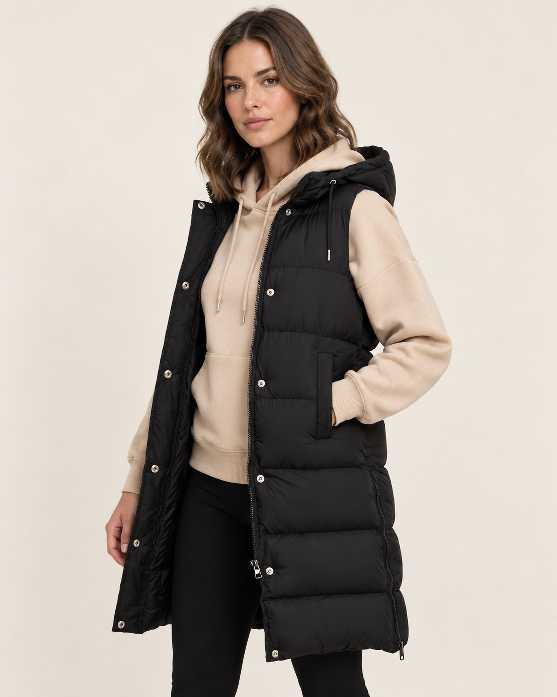 Women's Long Black Gilet with Hood and Side Zip Vents in Black