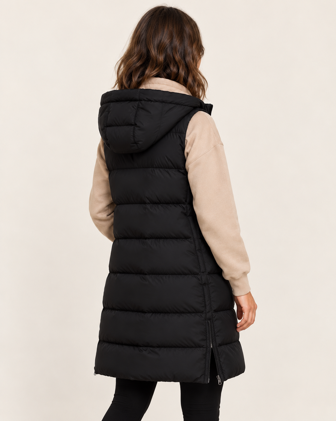 Women's Long Black Gilet with Hood and Side Zip Vents in Black, view 5