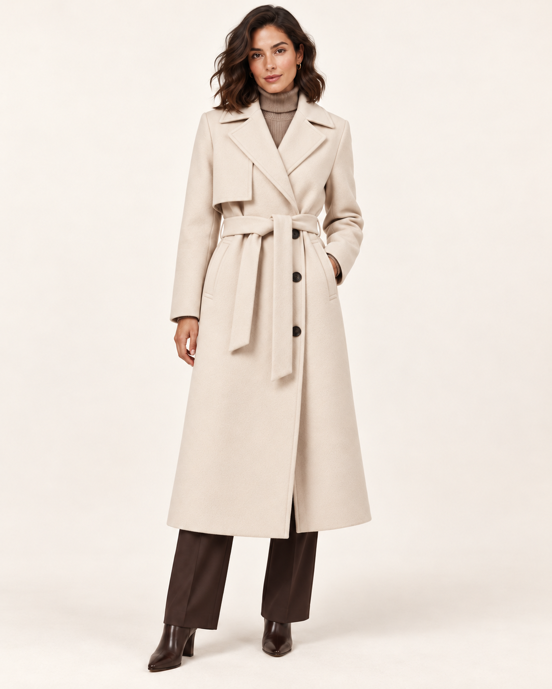 Women's Long Belted Trench Coat in Cream