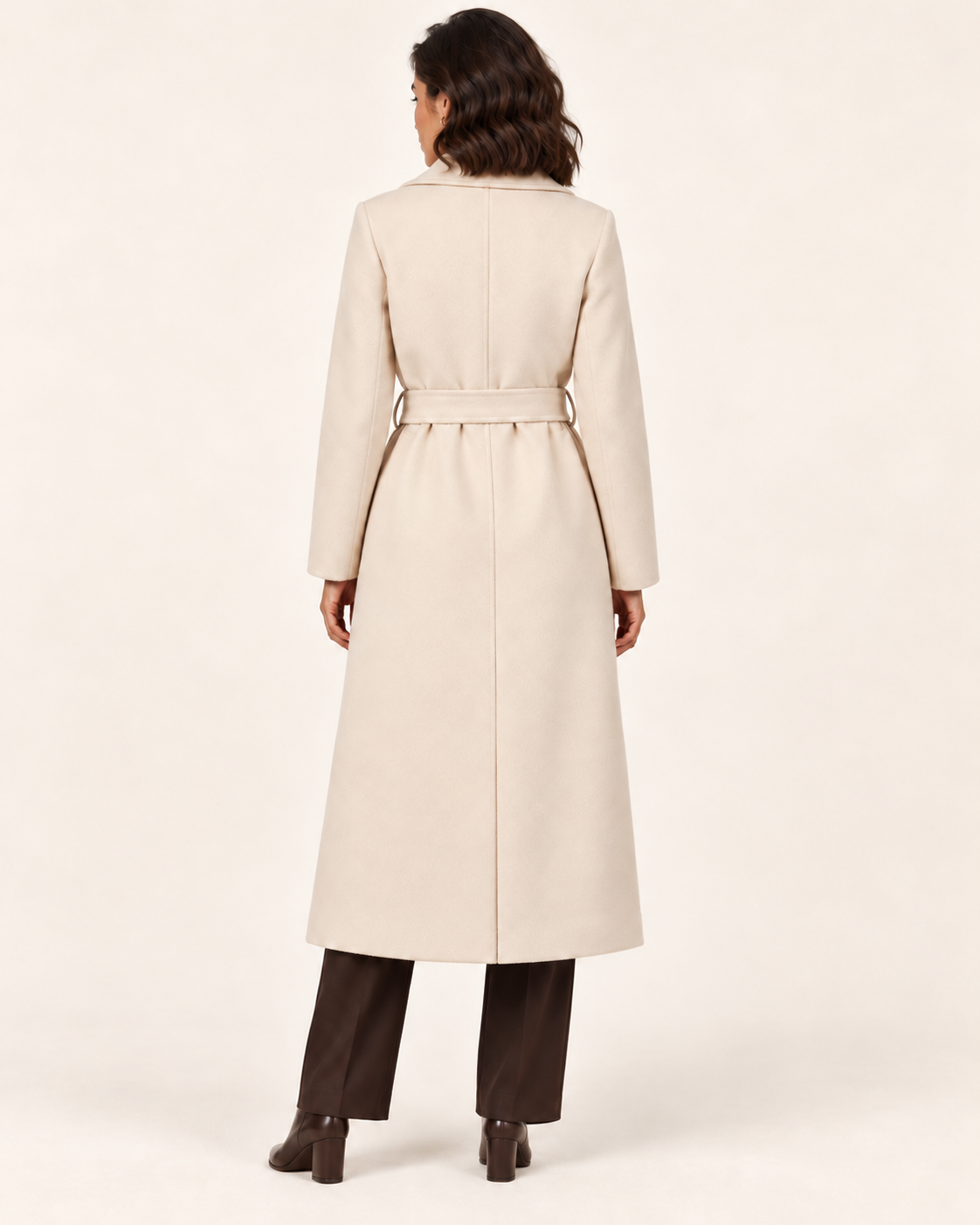Women's Long Belted Trench Coat in Cream, back view