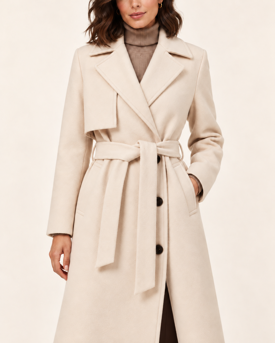 Women's Long Belted Trench Coat in Cream, close up