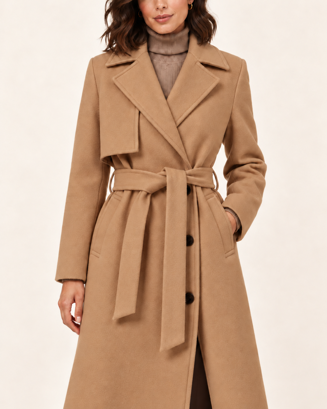 Women's Long Belted Trench Coat in Camel, close up