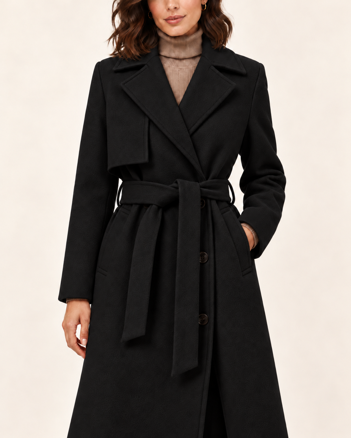 Women's Long Belted Trench Coat in Black, close up