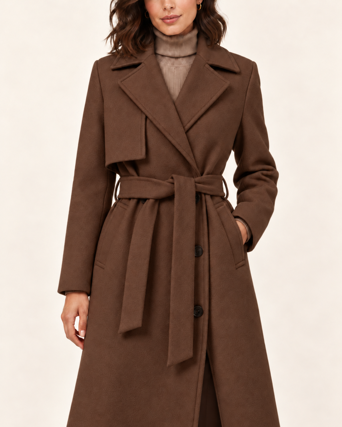 Women's Long Belted Trench Coat in Brown, close up