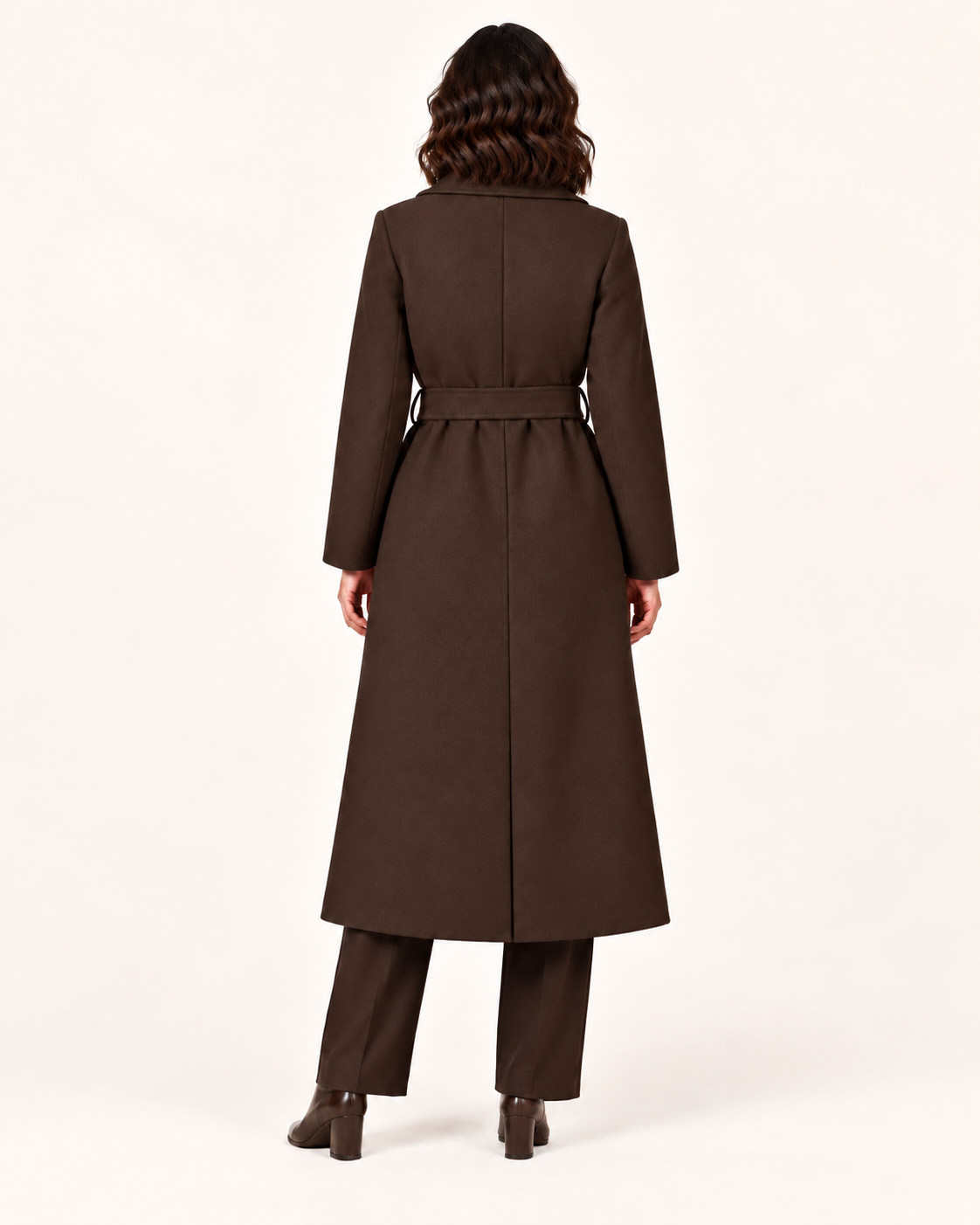 Women's Long Belted Trench Coat in Chocolate Brown, back view