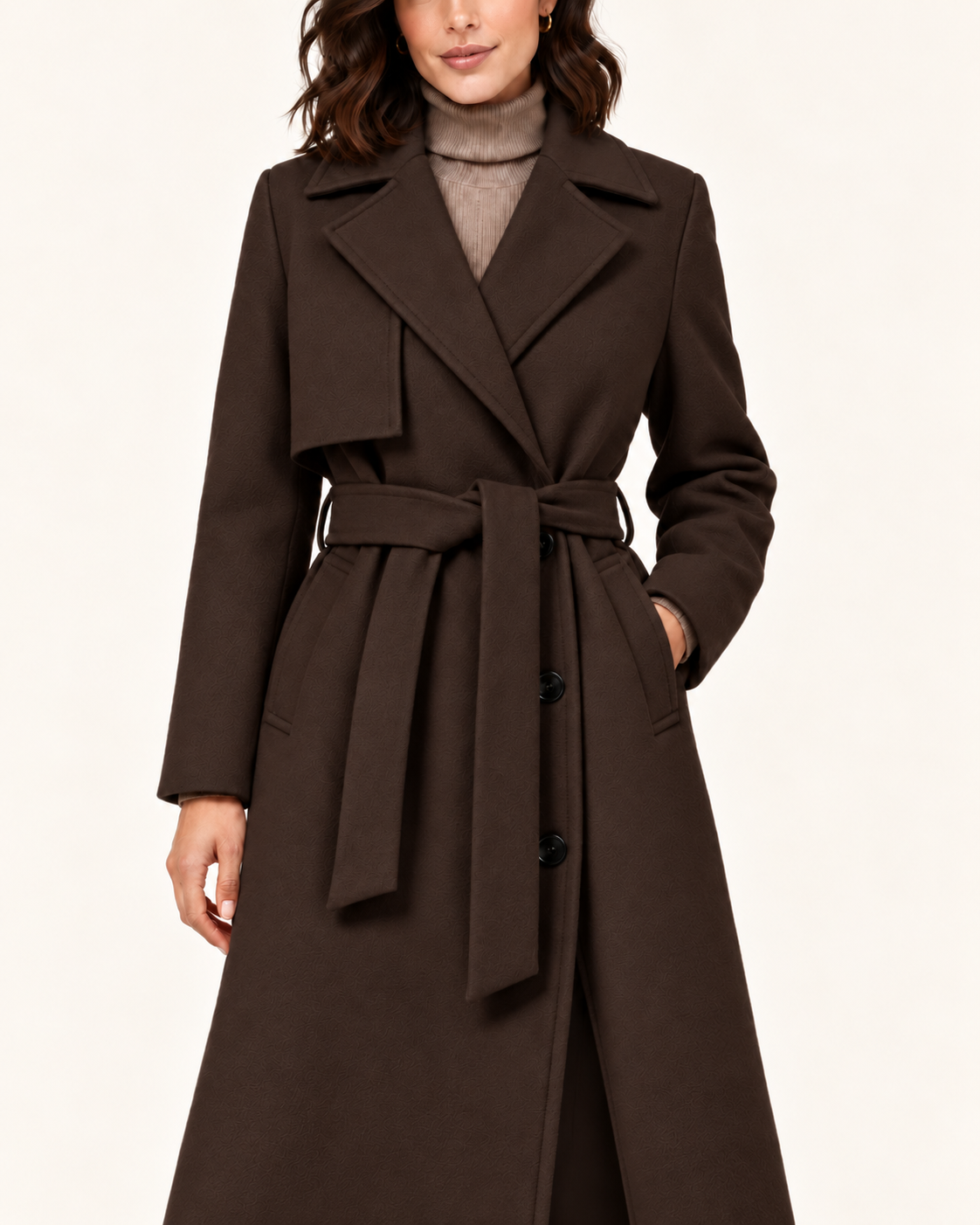 Women's Long Belted Trench Coat in Chocolate Brown, close up