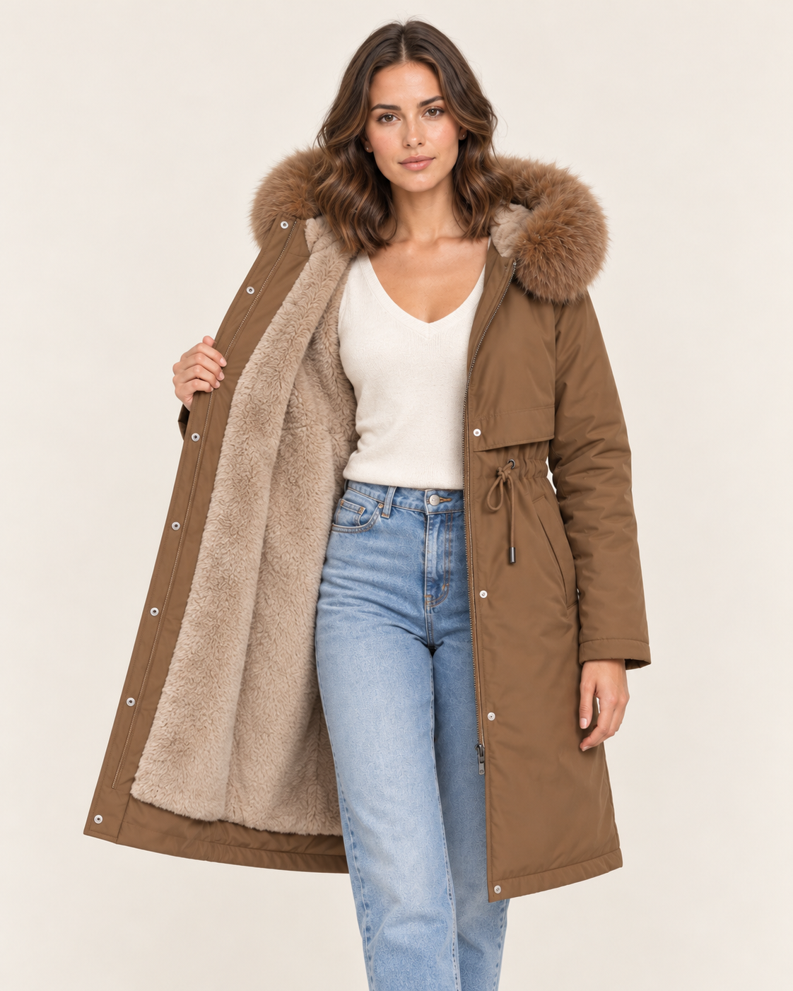 Women's Long Parka With Faux Fur Hood in Brown, open to show the lining