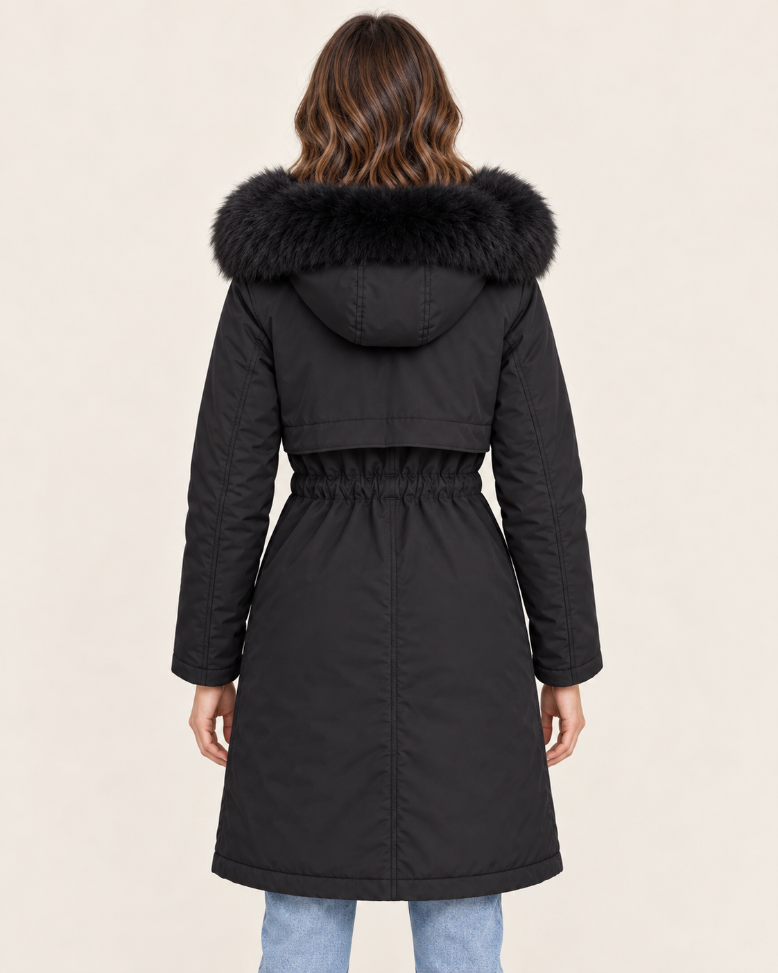 Women's Long Parka With Faux Fur Hood in Black, back view