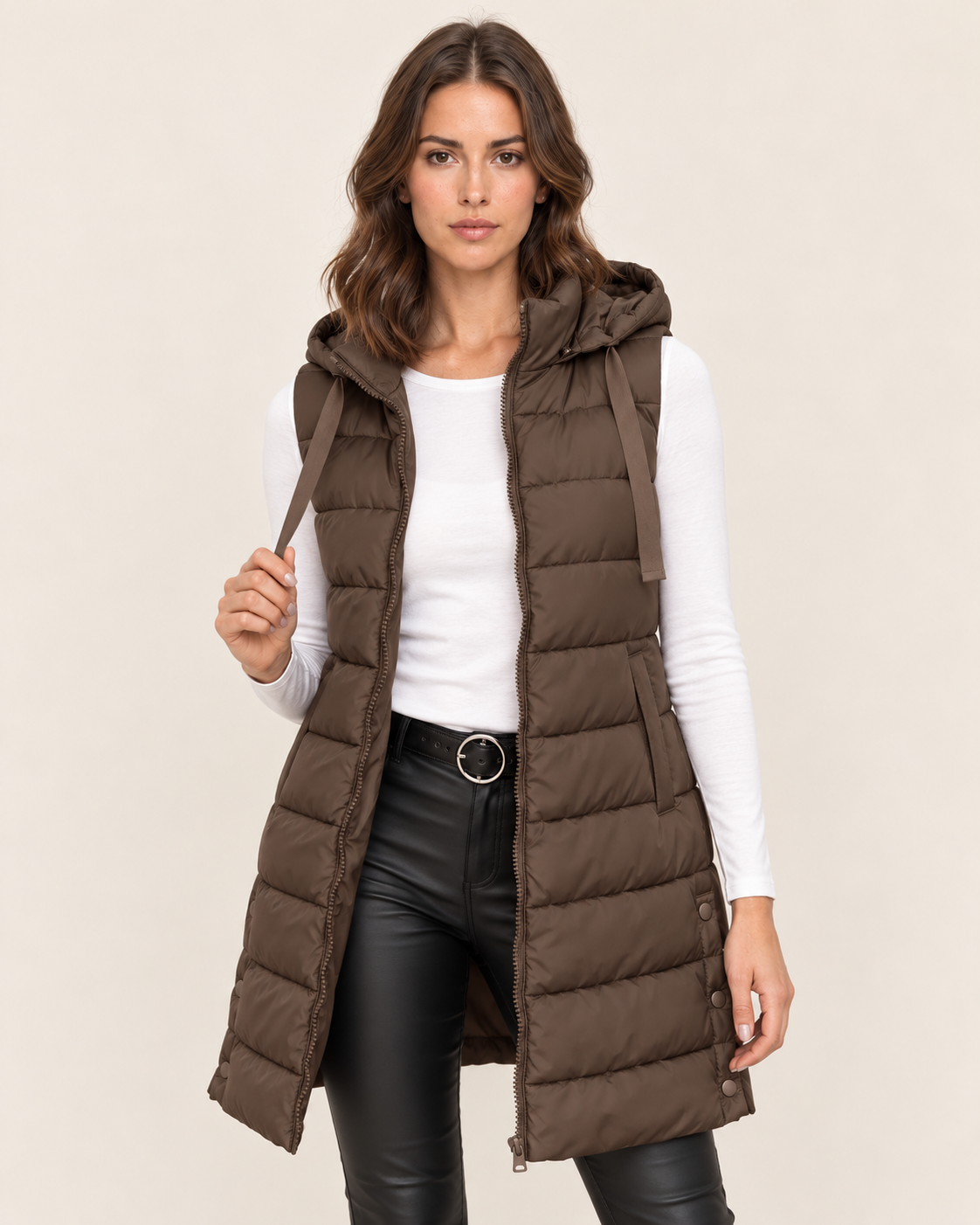 Women's Long Puffer Gilet with Hood and Zip Front in Brown